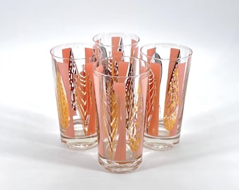 Fred Press Mid-Century Glasses – 22K Gold & Pink Leaf Set (4) – MCM Barware Collectible