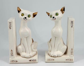 Vintage 1950’s MCM White Glazed Ceramic Cat Bookends Kitsch | Mid Century Modern |