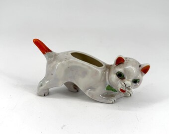 Antique Crouching Cat Kitten Lusterware Pin Cushion Ceramic Figurine Japan Retro