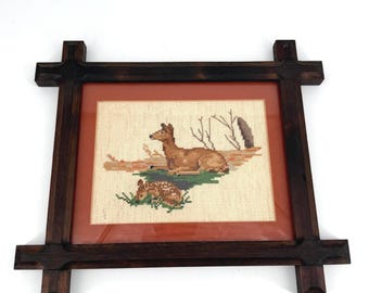 Cottage Home Decor Vintage Deer Needlepoint Art Solid Wood Frame - Cottagecore - Grandmacore