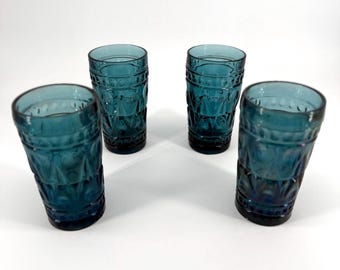 Vintage Set of 4 Iced Tea Tumblers Colony Park Lane Glass - Carnival Blue Glassware
