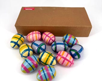 Vintage 1980’s Lillian Vernon Handpainted Pastel Plaid Wooden Easter Eggs