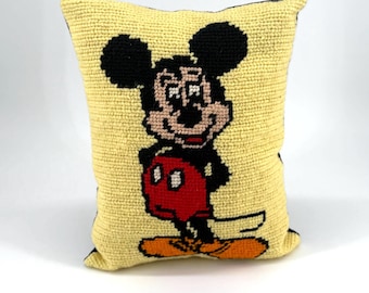 Vintage Mickey Mouse Yellow Needlepoint Accent Pillow, Disney Decor