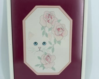 Vintage Handmade Crossstitch White Cat Kitten Pink Roses Wooden Framed Artwork