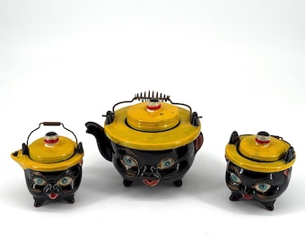Vintage Norcrest Black Cat Teapot Creamer Sugar Set, Mid Century Ceramic Tea Collection