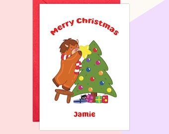 Personalised Highland Cow Christmas Card, Baby Highland Cow Decorating Christmas Tree Card, Personalised Merry Christmas Cute Cow Card