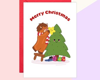 Cute Highland Cow Christmas Card, Baby Highland Cow Placing Star On Christmas Tree Card, Merry Christmas Cow Card, Scottish Coo Xmas Card