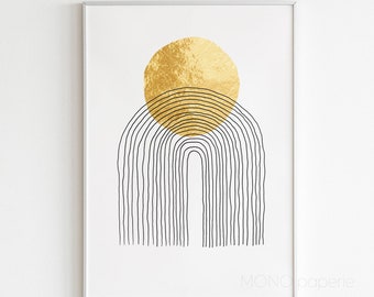 Puede incluir: Impresión de arte abstracto con un círculo dorado y líneas negras que forman una forma de arco. La impresión tiene un fondo blanco y está enmarcada en un marco plateado.