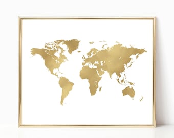 World Map Gold Foil Print - Atlas Poster -Contemporary Wall Art - Modern Room Decor - Gift Idea