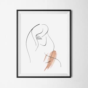 Woman Line Drawing, Portrait Line Print, Sketch Print, Rose Gold Foil Print, Minimal Line Drawing