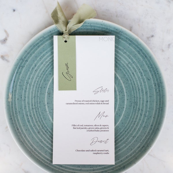Personalised wedding menus, Guest name tag, Silk ribbon, Sage Green Wedding Menu