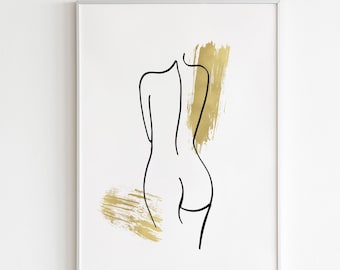 Woman Line Drawing, Figure Line Print, Gold Foil Print, Minimal Line Drawing, Contemporary Wall Art