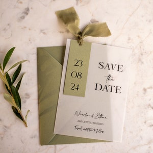 Modern Save the Date Cards, Sage Silk Ribbon Vellum Save the Date,  Minimalist Wedding Announcement Card