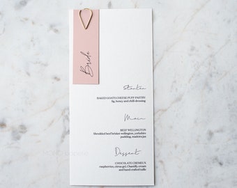 Personalised wedding menus, Guest name tag, Blush Pink Wedding Menu
