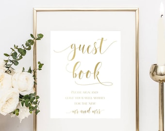 Guest Book Sign - Gold Foil Wedding Sign - Please Sign our Guest Book - Foil Reception Sign - Real Gold Foil Print