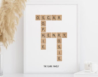 Personalised Family Name Sign, Custom Family Letter Tile Print, Family Name Puzzle, Personalised Print, Gift Idea, Crossword Scrabble Print