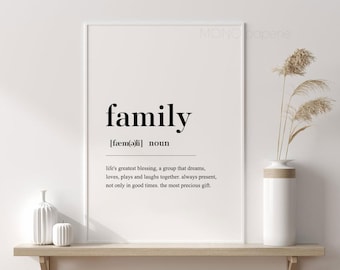 May include: Black and white printable wall art with the word "family" defined as "life's greatest blessing, a group that dreams, loves, plays and laughs together. always present, not only in good times. the most precious gift."
