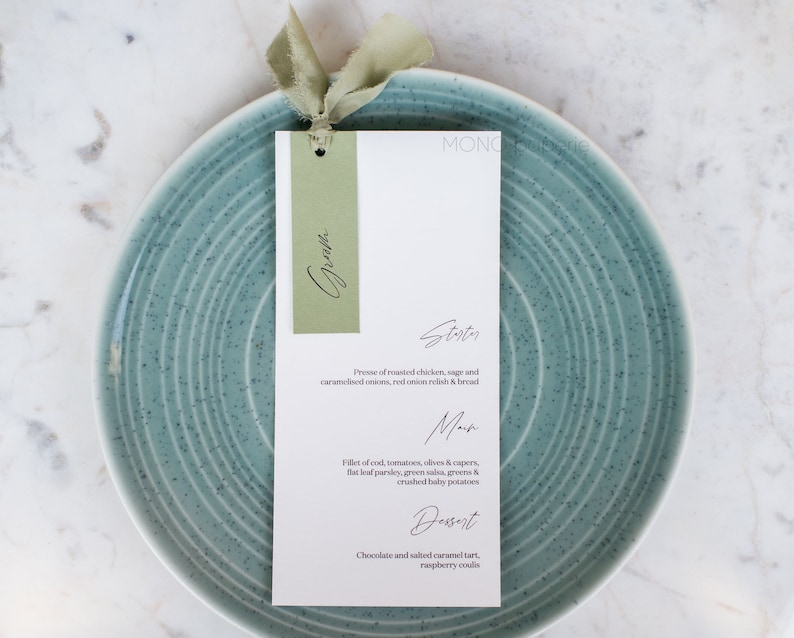 Personalised Sage Green Wedding Menus – Silk Ribbon Custom Menu Cards ...