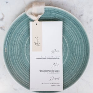 Personalised wedding menus, Guest name tag, Silk ribbon, Beige Wedding Menu