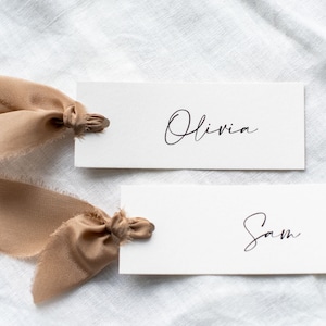 Modern mocha silk ribbon place card image 1