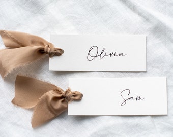 Modern mocha silk ribbon place card