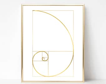 Golden Ratio, Fibonacci Spiral Print, Gold Foil Print, Contemporary Wall Art