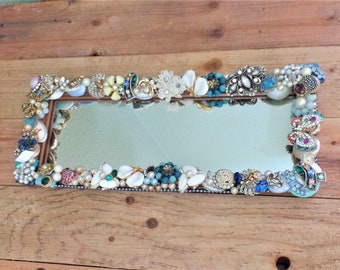 Handcrafted Bejeweled Rectangular Mirror, Wall Hanging Decor, Vanity Tray, Boho Decor, Unique Gifts for Daughter, Bejeweled Gifts for Bestie