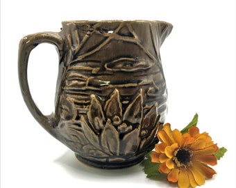 Vintage McCoy Brown Pottery Cream Pitcher, Handmade Pottery Vase, Collectible Pottery,