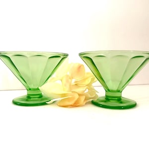 Vintage Federal Glass Sherbet Dishes, Green Depression Glass, Uranium Glass, Footed Dessert Cups, Vaseline Glass, Serving Dishes, Set of Two