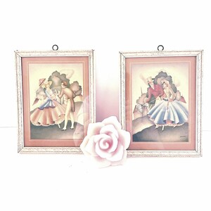 Victorian Couple Lithograph Prints: Mid-Century Romantic Wall Decor