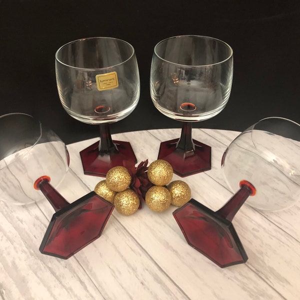 Vintage Luminarc Red Stem Wine Glasses, Retro Wine Glasses, Wine Glass Set, Barware Glasses, Wedding Gift for Couple, Vtg Housewarming Gifts