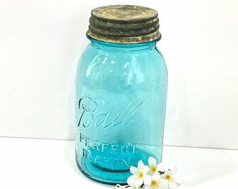 Antique Blue Ball Mason Jar: Quart Canning Jar with Zinc Lid