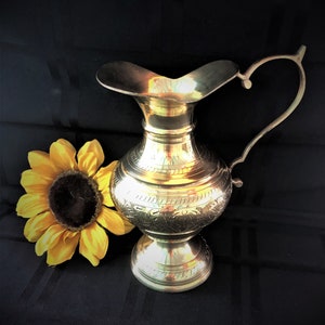 Vintage Etched Brass Pitcher: Handmade Floral Vase, Home Decor