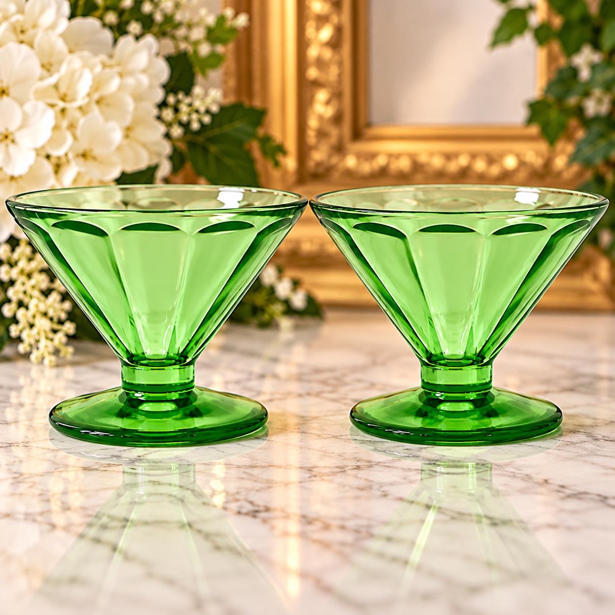 Federal Glass Green Depression Sherbet Dishes, Uranium Vaseline