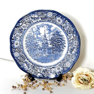 Independence Hall Staffordshire Plate: Blue Transferware, England