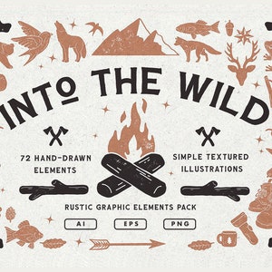 Rustic nature clipart illustrations | Vintage Hand-Crafted graphic icons & elements | Camping, Hiking, outdoors adventure | Animals, antlers