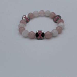 Hand-Crafted Stretch band Breast Cancer ribbon Pink/White gemstone bracelet