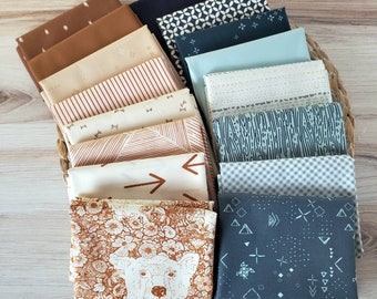 Curated Fat Quarter or Half Yard Pathfinder 16 Fabrics in Blue, Sienna and Walnut Woodland Bundle