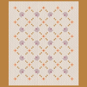May include: A cream-colored textile with a repeating pattern of purple tulip-like shapes, small orange floral designs, and brown diamond-shaped accents. The design is set against a textured background and framed by a solid brown border.