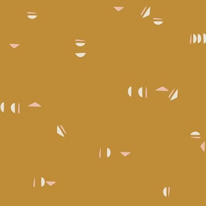 May include: Abstract pattern with white and pink geometric shapes on a mustard yellow background.