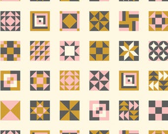 Quilt Block Fabric: Pink, White, Gold Sewing Fabric by AGF