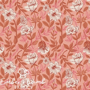 May include: A pink floral fabric with a repeating pattern of white flowers and brown leaves. The fabric has a vintage aesthetic and is perfect for crafting projects.
