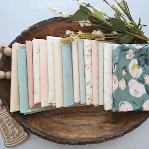 Everlasting Dreams 15 Fat Quarter |Half Yard Bundle Muted Spruce, Pink & Soft Gold in our curated Art Gallery Bundle 100% Cotton