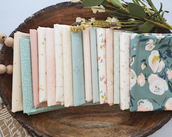 Everlasting Dreams 15 Fat Quarter |Half Yard Bundle Muted Spruce, Pink & Soft Gold in our curated Art Gallery Bundle 100% Cotton