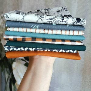 Fat Quarter Bundle 8 Piece Woodland Friends Curated Art Gallery Bundle | Perfect Quilt Fabric for Boys in Blues, Browns and Mahogany,