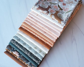 Woodland Dreamer 18 piece Fat Quarter Quilt Bundle or Half Yard Quilt Bundle in Pinks, Green and Fawn perfect for Baby Nursery Quilt