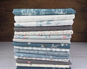 Blithe Fat Quarter Bundle, 15 Piece Teal Blue Woodland Fabric