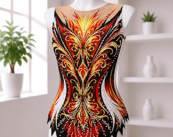 Op de afbeelding: Een mouwloos turnpakje met een uitgebreid ontwerp. De body heeft een symmetrisch patroon in rood, geel en zwart, versierd met kleine, sprankelende details. De halslijn en de bovenrug zijn van huidkleurig mesh.