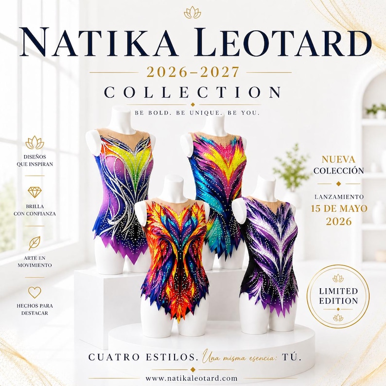Op de afbeelding: Vier kleurrijke turnpakjes. Elk turnpakje heeft een uniek ontwerp met levendige kleuren, waaronder paars, geel, blauw en oranje. De tekst op de afbeelding luidt "NATIKA LEOTARD 2026-2027 COLLECTION". De afbeelding bevat ook de tekst "LIMITED EDITION".