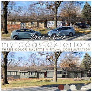 May include: A split-screen image showing a house exterior before and after a color renovation. The top shows the original house with cars, labeled 'Before'. The bottom shows the house with a new green, gray, and red color scheme and four color circles.